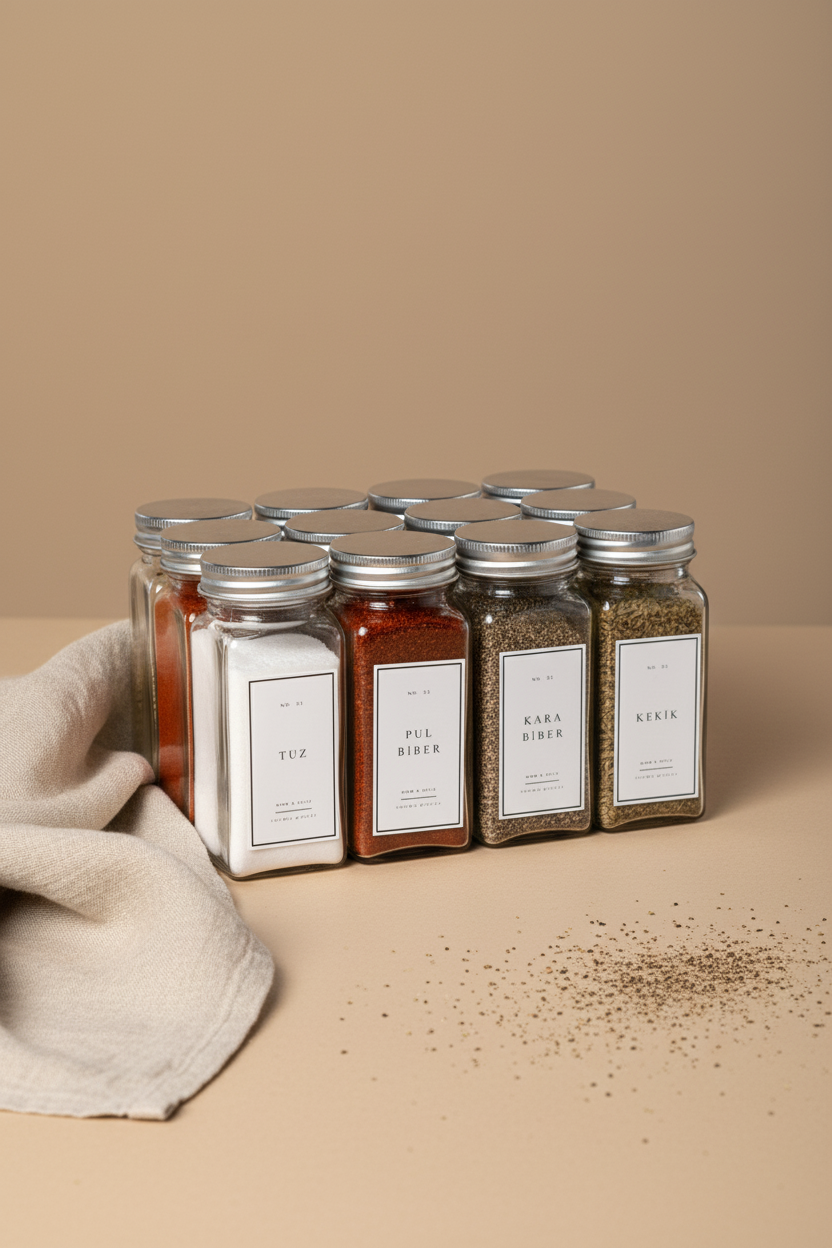 12'li Cam Baharatlık Seti | 120 ml | Gümüş Kapak Beyaz Etiket | Minimal Tasarım