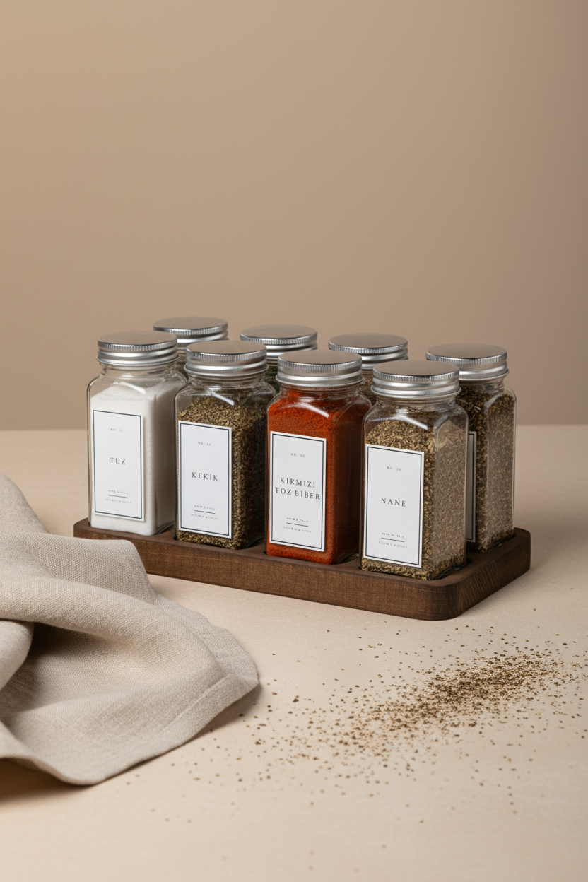 Ahşap Standlı 8'li Cam Baharatlık Seti | 120 ml | Gümüş Kapak Beyaz Etiket | Minimal Tasarım