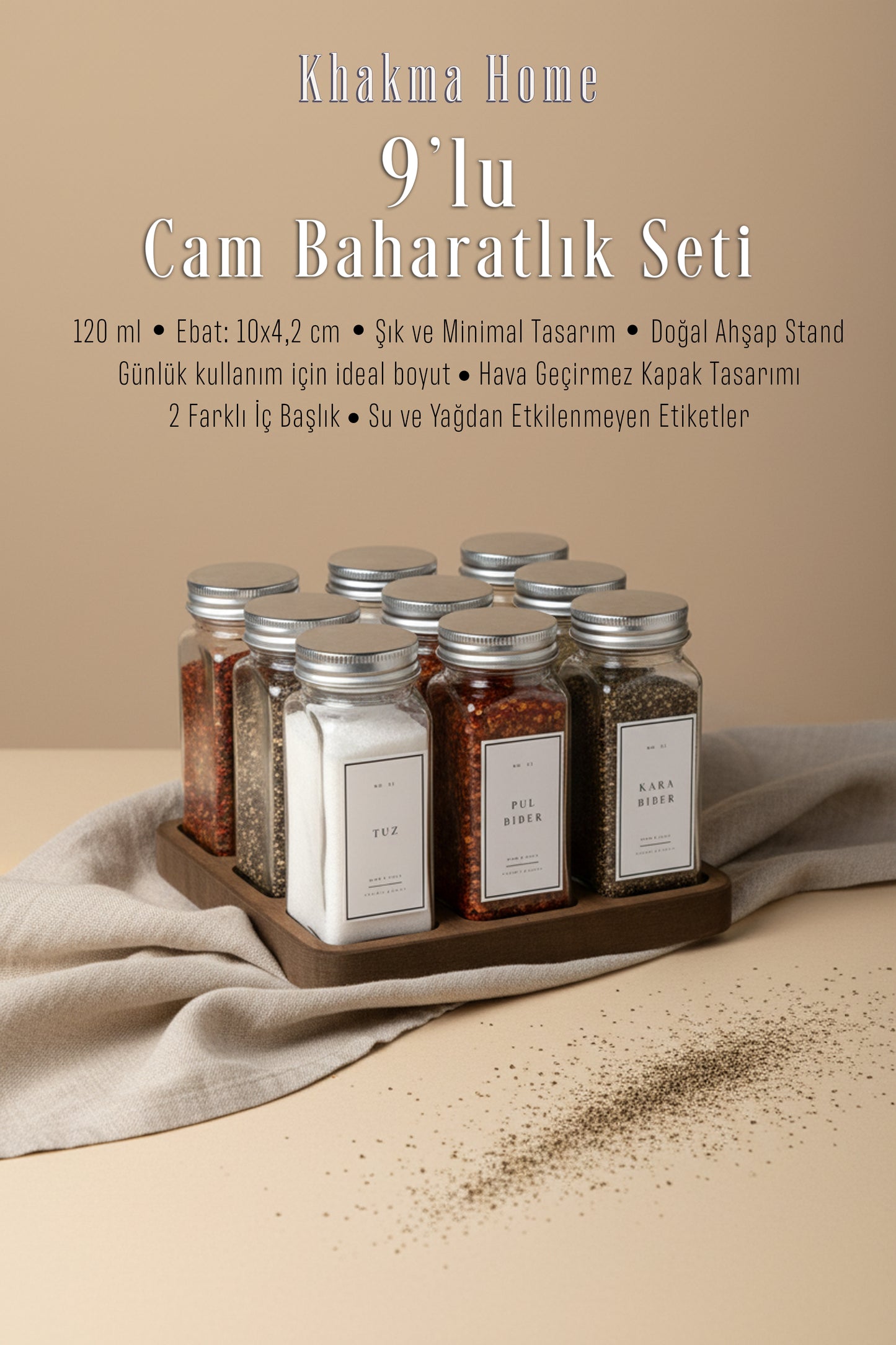 Ahşap Standlı 9'lu Cam Baharatlık Seti | 120 ml | Gümüş Kapak Beyaz Etiket | Minimal Tasarım