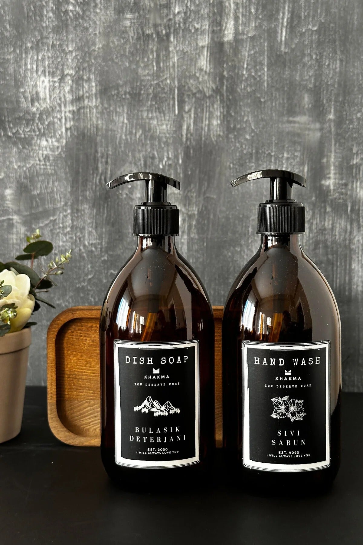 Ahşap Stantlı 2'li Sıvı Sabun Bulaşık Deterjanı Şişesi Queen Sıvı Sabunluk 500ml Ss Hd St