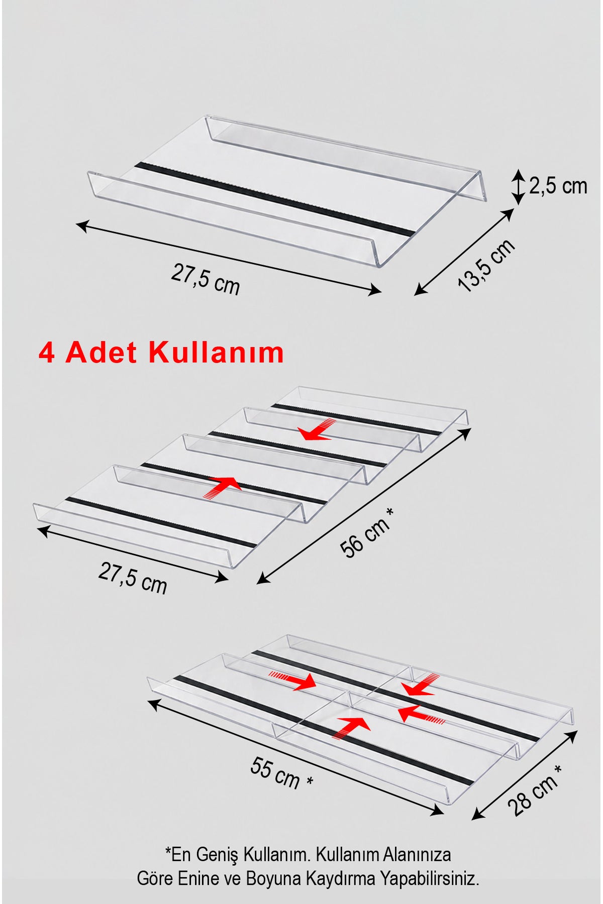 Pleksi stand ölçüleri: tek stand 27,5 x 13,5 cm, dört stand birlikte kullanım şekilleri