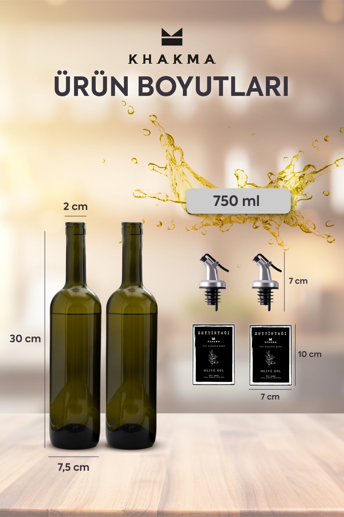 750 ml cam şişe, başlık ve etiket ölçülerini gösteren ürün boyutları görseli