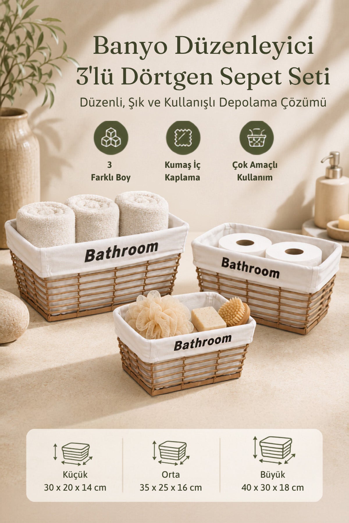 Bej banyo düzenleyici sepet setinin boy ve özellik bilgilerini gösteren tanıtım görseli