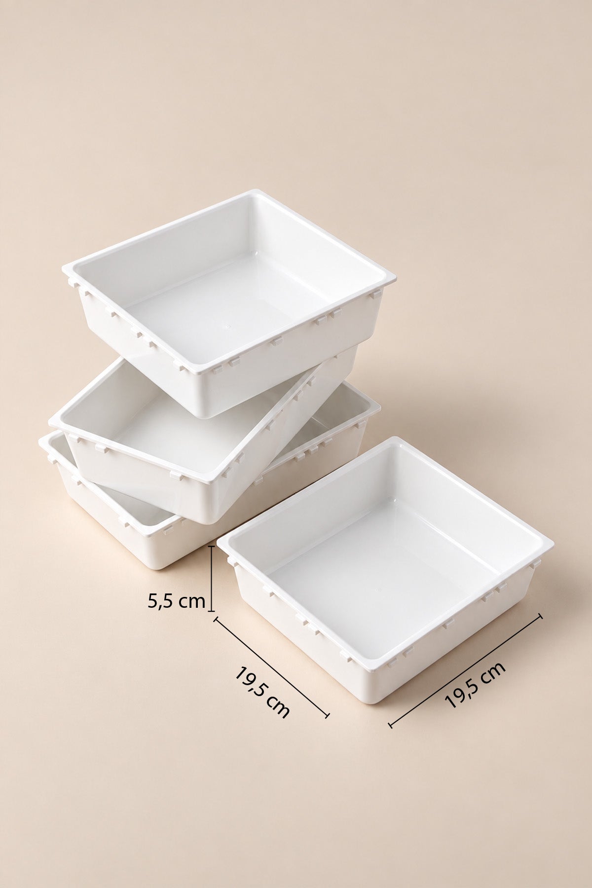 19,5 x 19,5 x 5,5 cm ölçü çizgileriyle modüler çekmece düzenleyici kutu