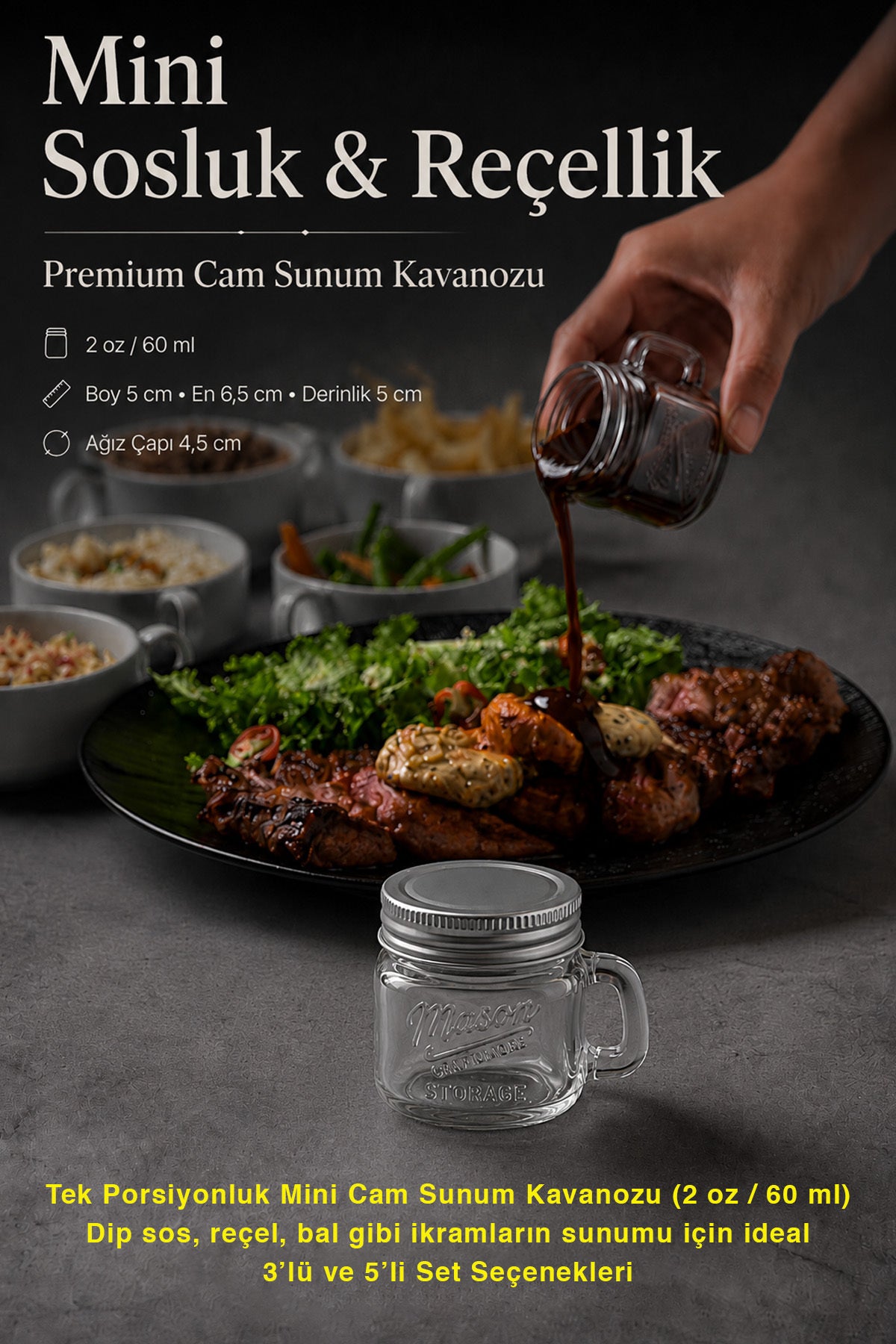 Mini sosluk ve reçellik tanıtım görseli: 60 ml hacim ve ölçü bilgileri