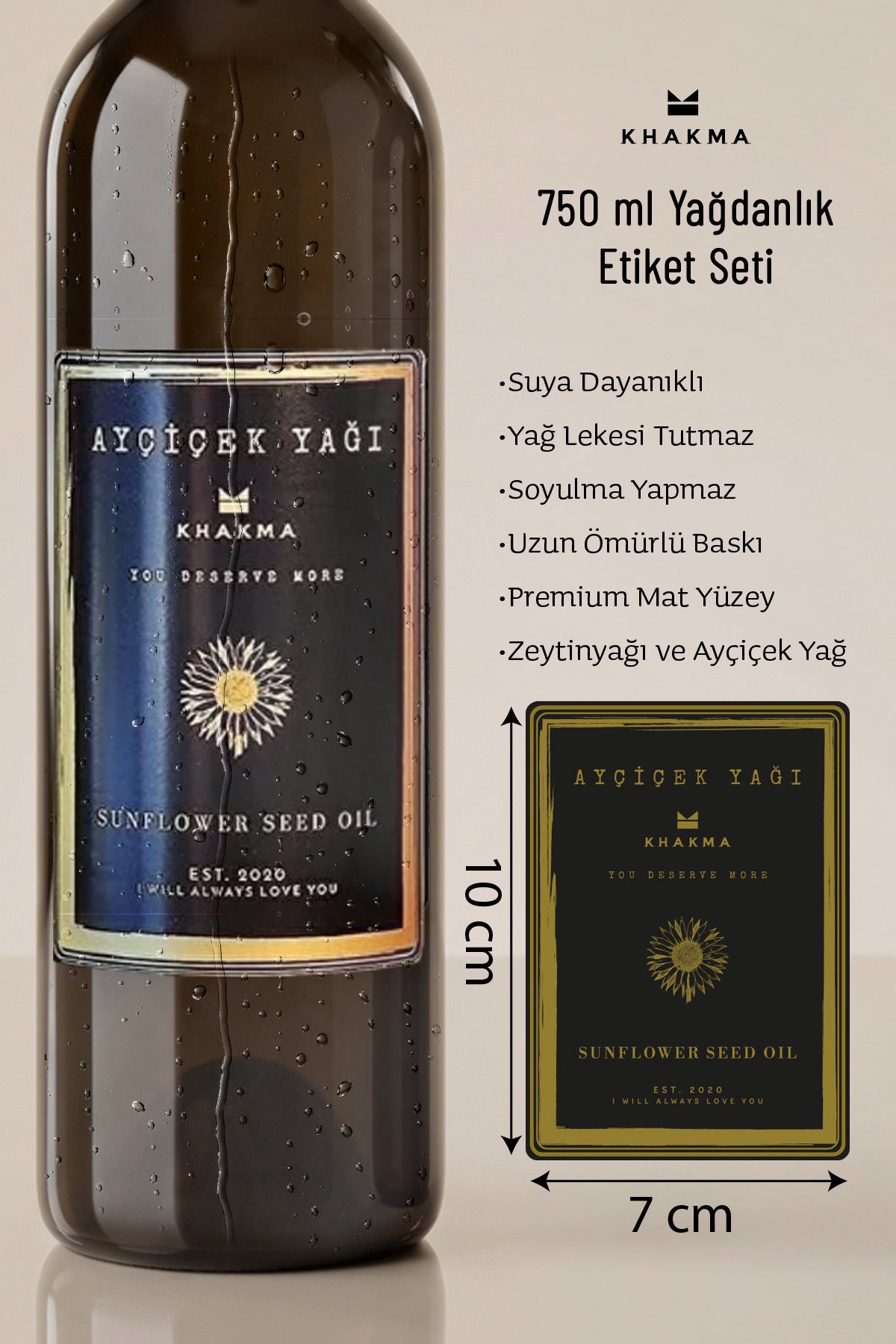 Siyah-gold ayçiçek yağı etiketi şişe üzerinde, suya dayanıklı özellik listesiyle