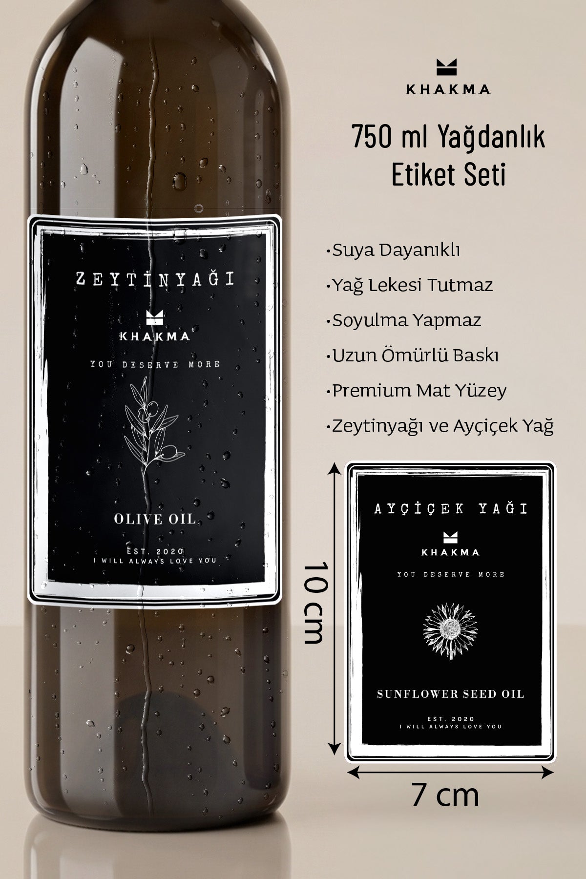 Şişeye yapıştırılmış siyah zeytinyağı etiketi ve 7 x 10 cm siyah ayçiçek yağı etiketi