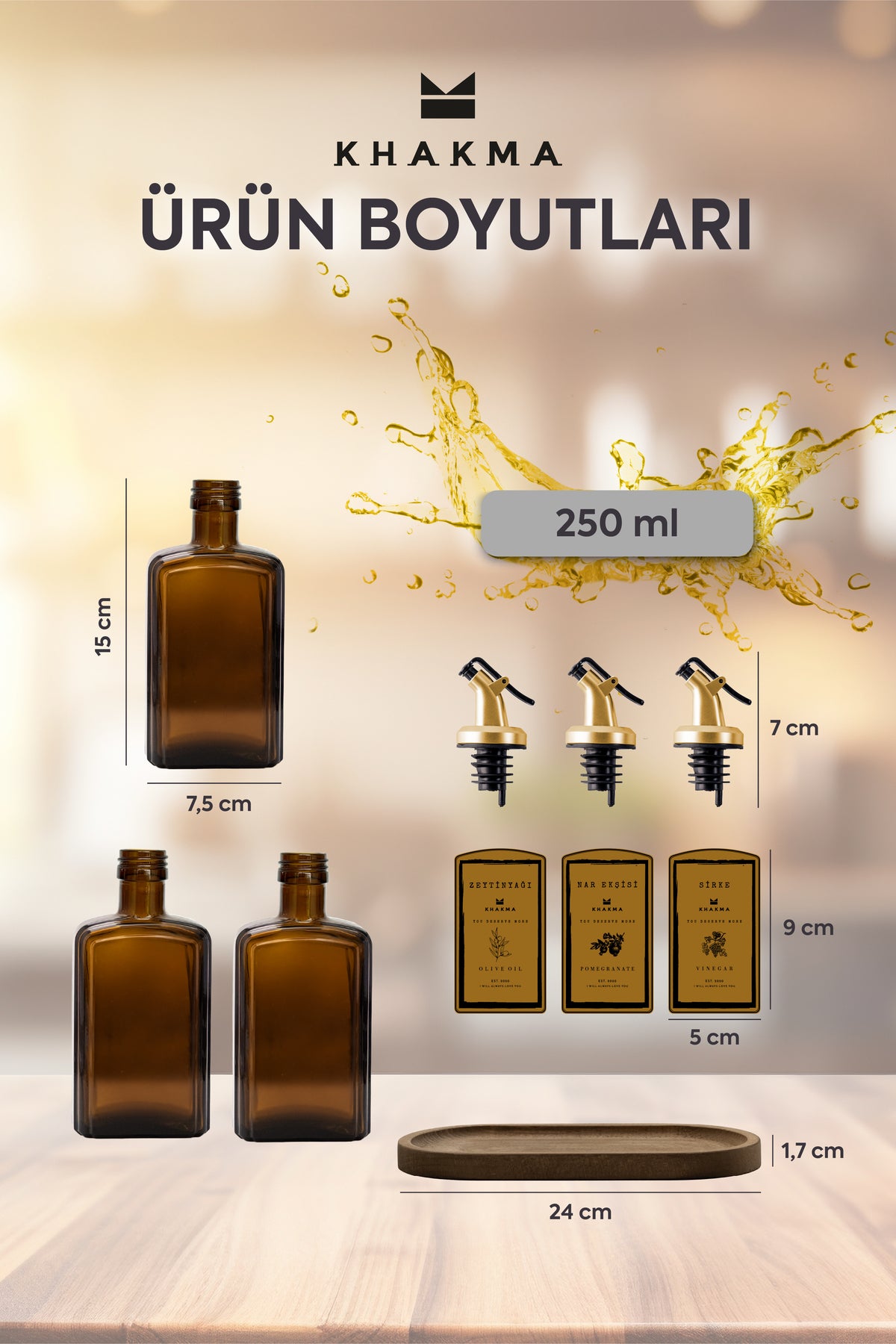 3'lü yağdanlık seti ürün boyutları: 250 ml şişe 15 x 7,5 cm, stant 24 cm