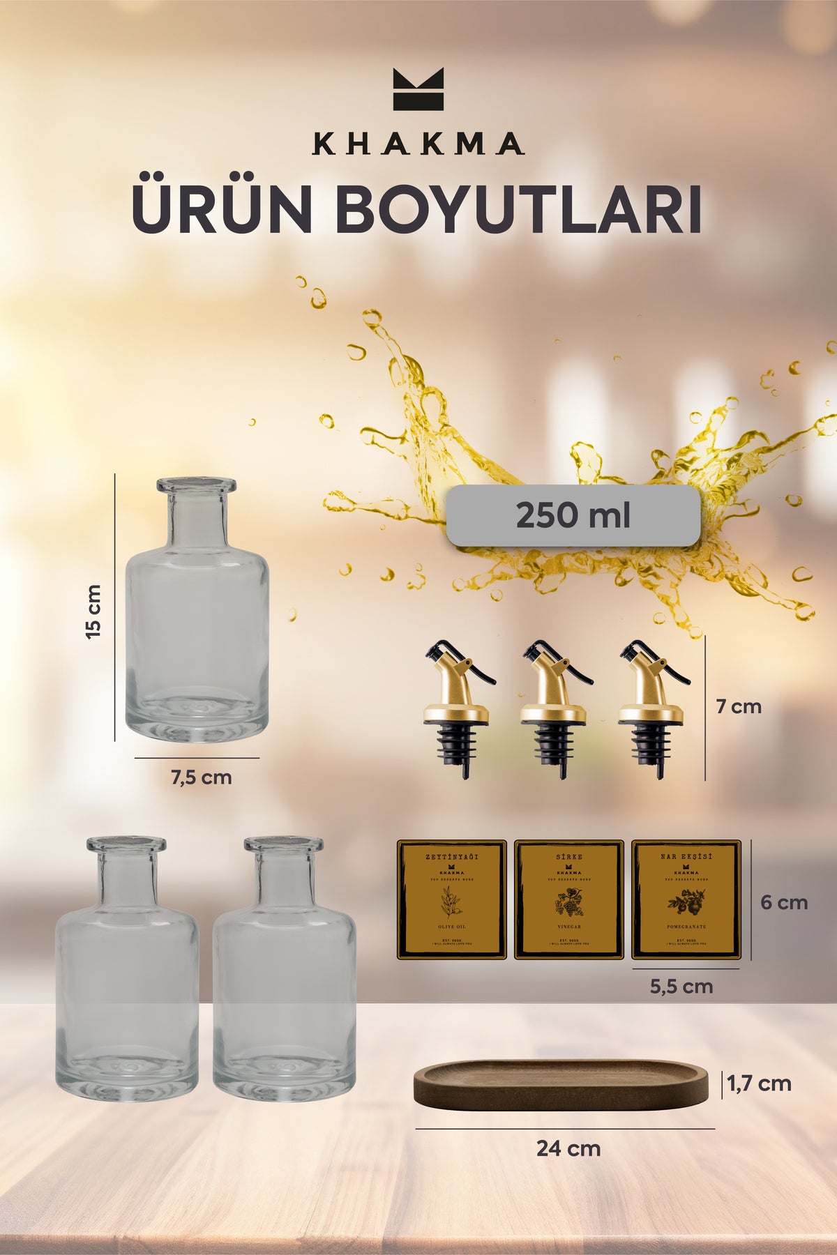 Gold etiketli 3'lü yağdanlık seti ölçüleri: 250 ml şişe 15 x 7,5 cm, stant 24 cm