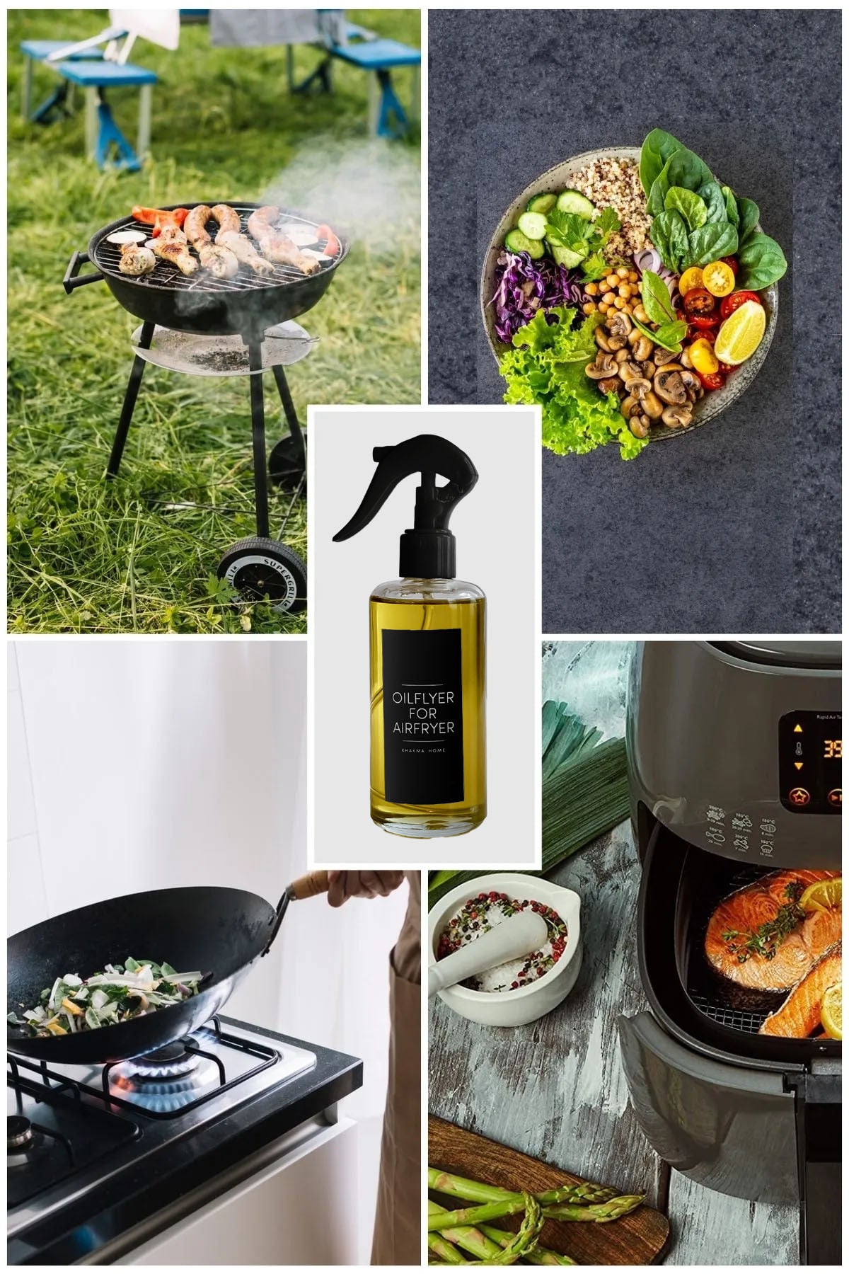 Mangal, salata, wok ve airfryer kullanım alanlarıyla cam yağ spreyi kolajı