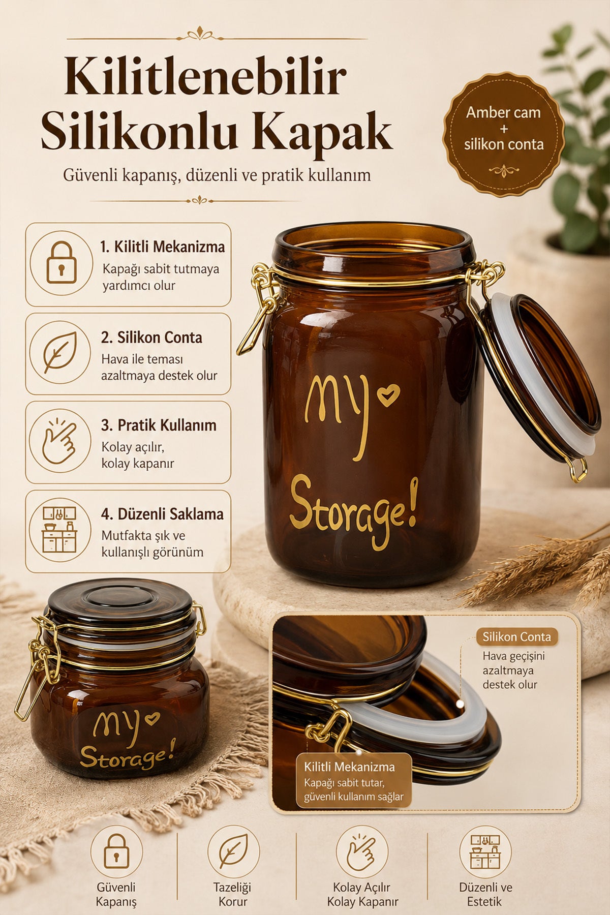 Kilitlenebilir silikonlu kapak özellikleri anlatan amber cam kavanoz infografiği