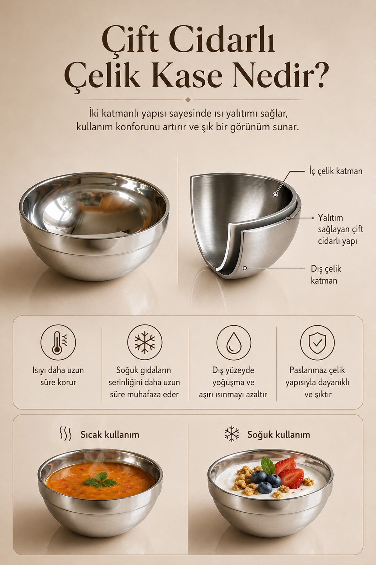 Terlemez ve el yakmaz özelliklerini anlatan çelik kase bilgi kartı
