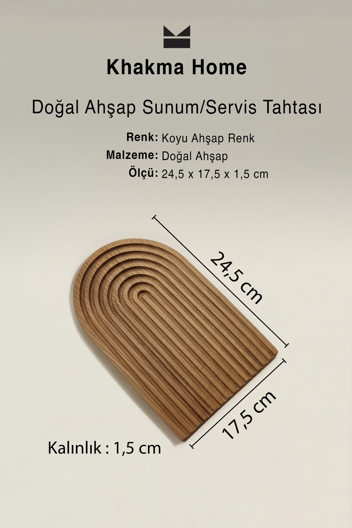 24,5 x 17,5 x 1,5 cm ölçüleri gösterilen koyu renk dalgalı ahşap sunum tahtası