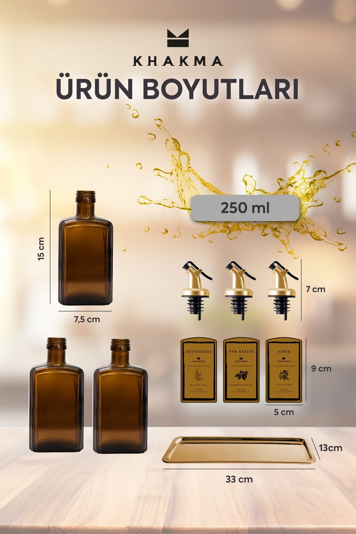 Amber cam 3'lü yağdanlık setinin ürün boyutları: 250 ml şişe, 33 x 13 cm tepsi