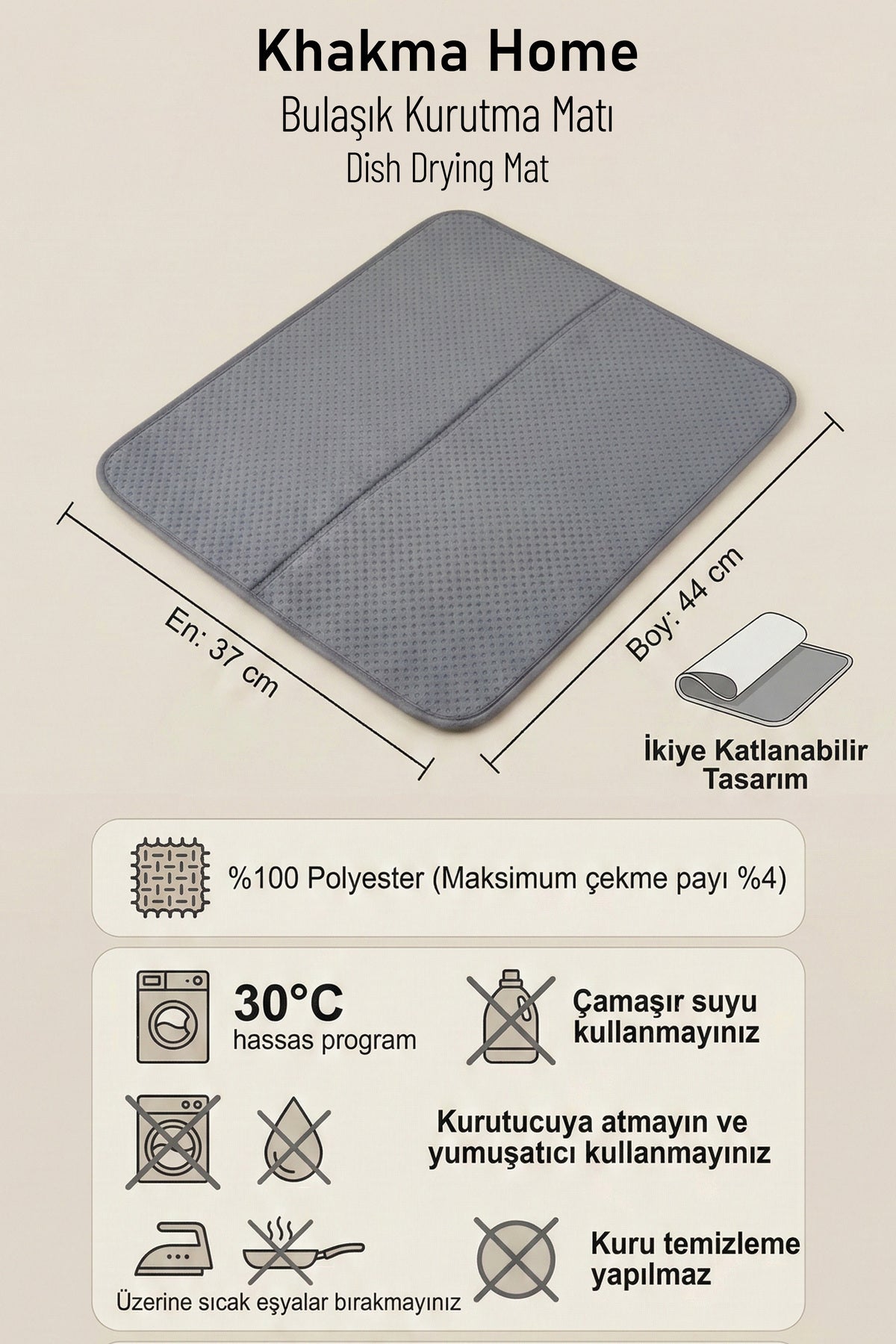 Mikrofiber bulaşık kurutma matı 37x44 cm ölçüleri, katlanabilir tasarım ve yıkama talimatları