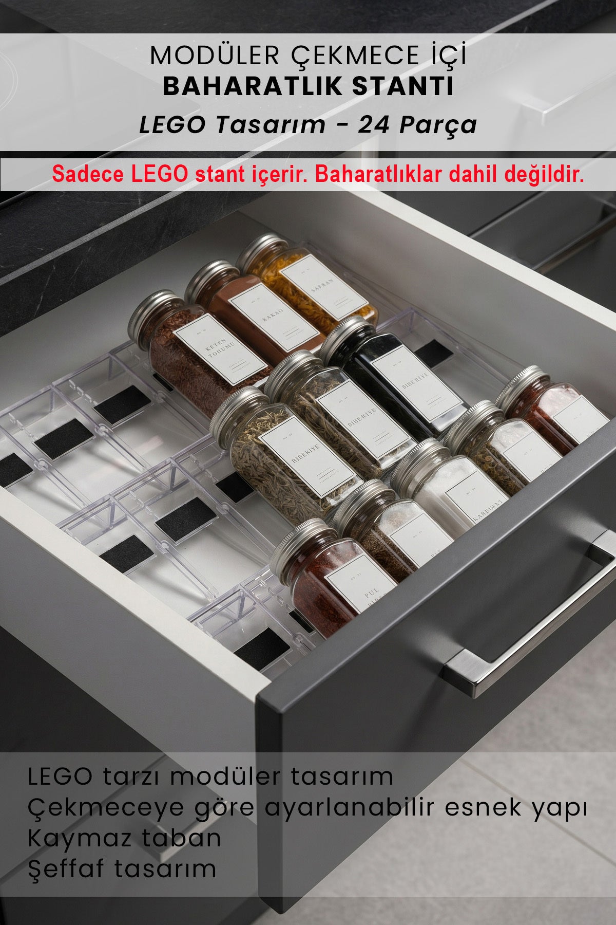 Çekmecede baharatlarla modüler lego stand, özellikler ve yalnız stant içerir uyarısı