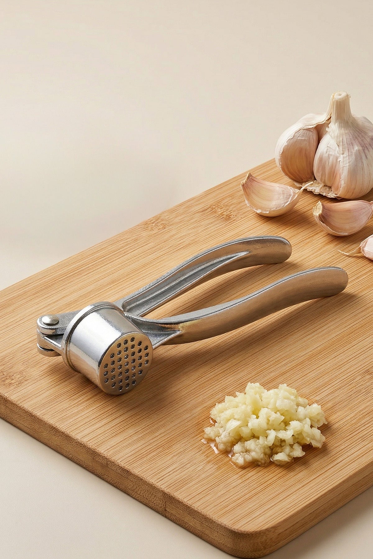 Bambu kesme tahtasında sarımsak dişleri ve ezilmiş sarımsak yanında metal pres
