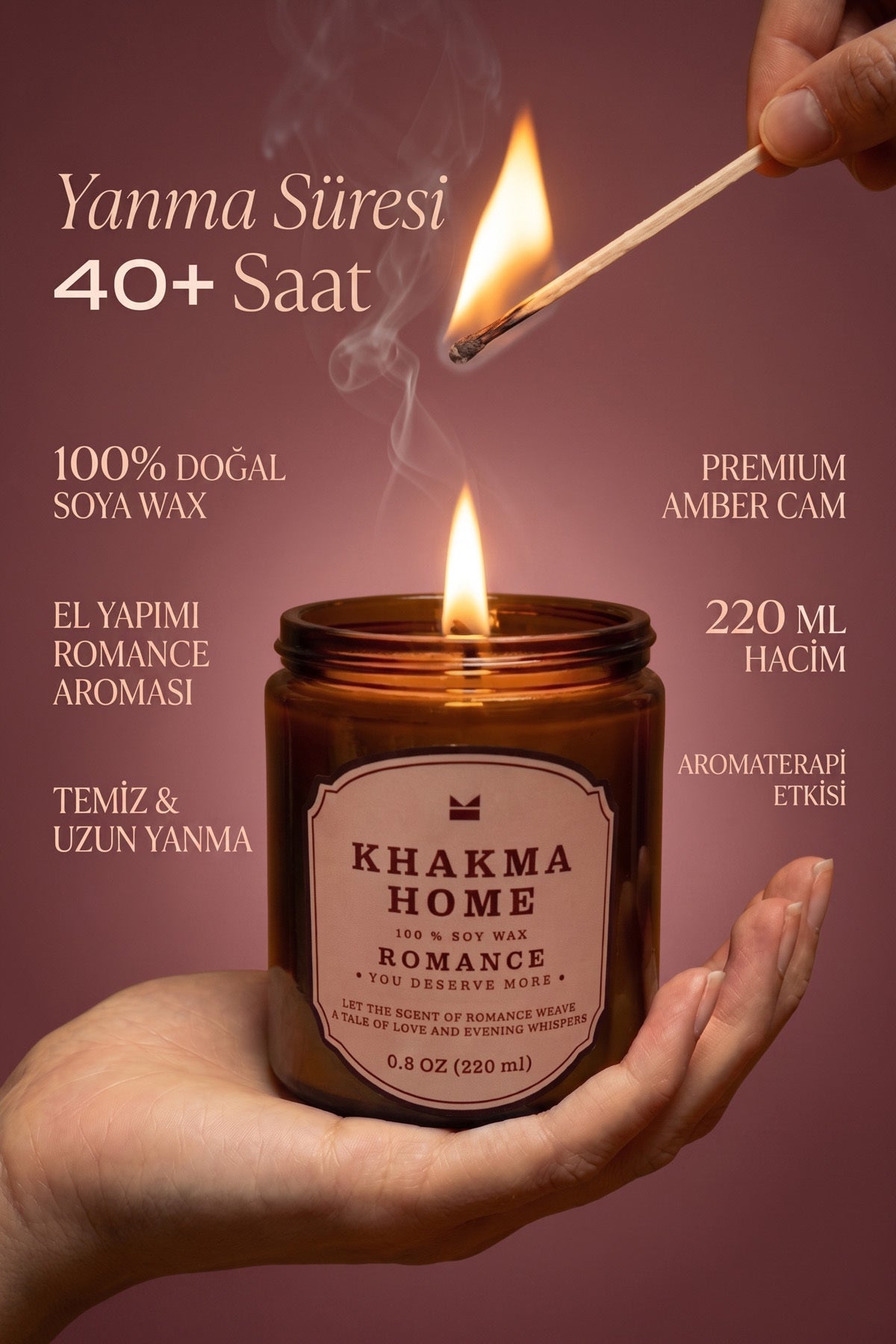 Avuç içinde yanan Romance mum, 40+ saat yanma ve 220 ml bilgili tanıtım görseli