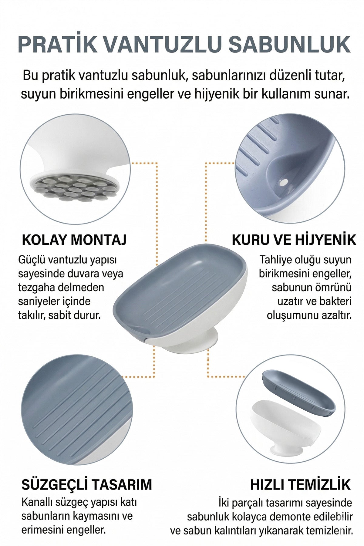 Vantuzlu sabunluk infografiği: kolay montaj, kuru ve hijyenik, süzgeçli, hızlı temizlik