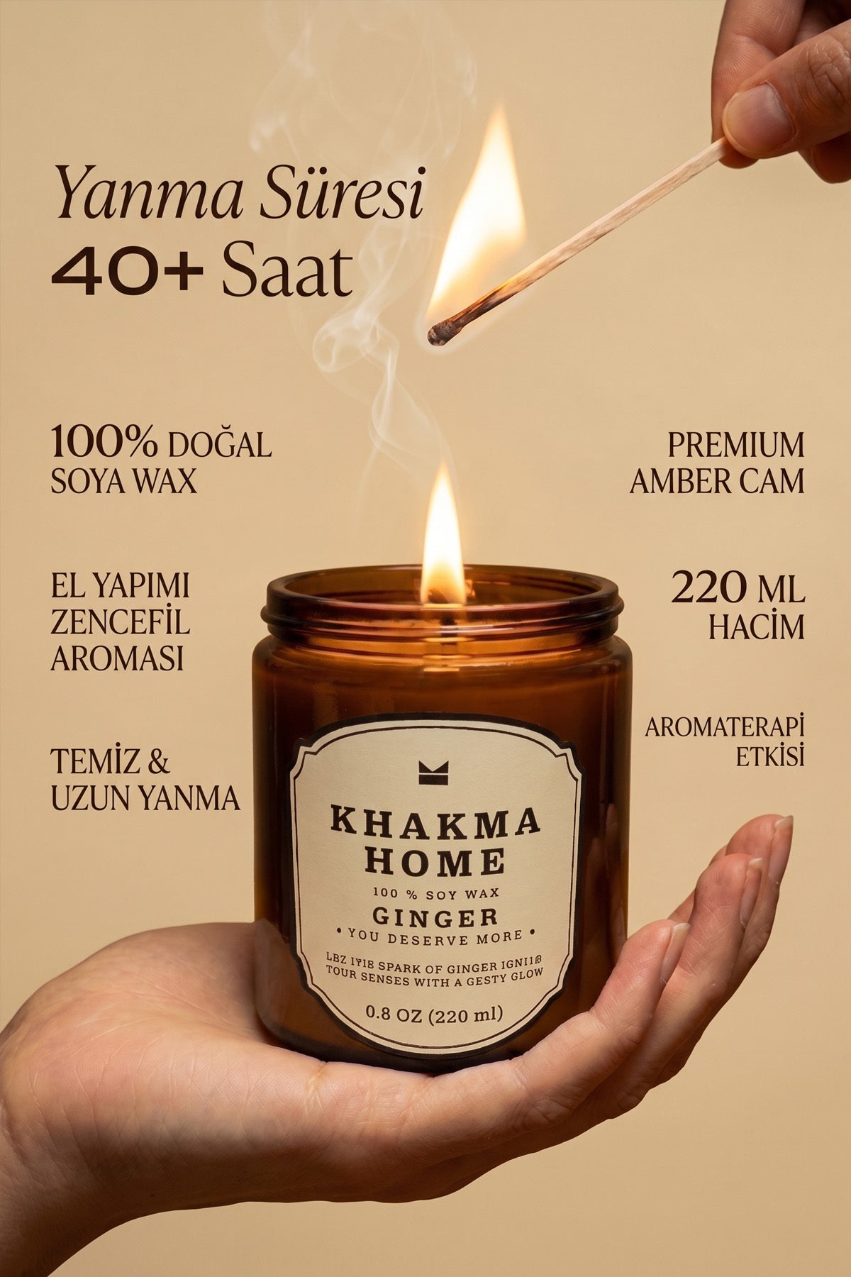 Elde tutulan yanan Ginger mum; 220 ml, soya wax, 40+ saat yanma bilgisi