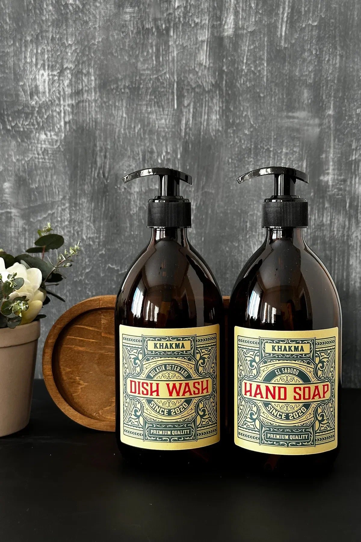 Ahşap Stantlı 500 Ml Amber Renkli 2'li Vintage Cam Sabunluk Seti Vintage2stantlısetsabunluk