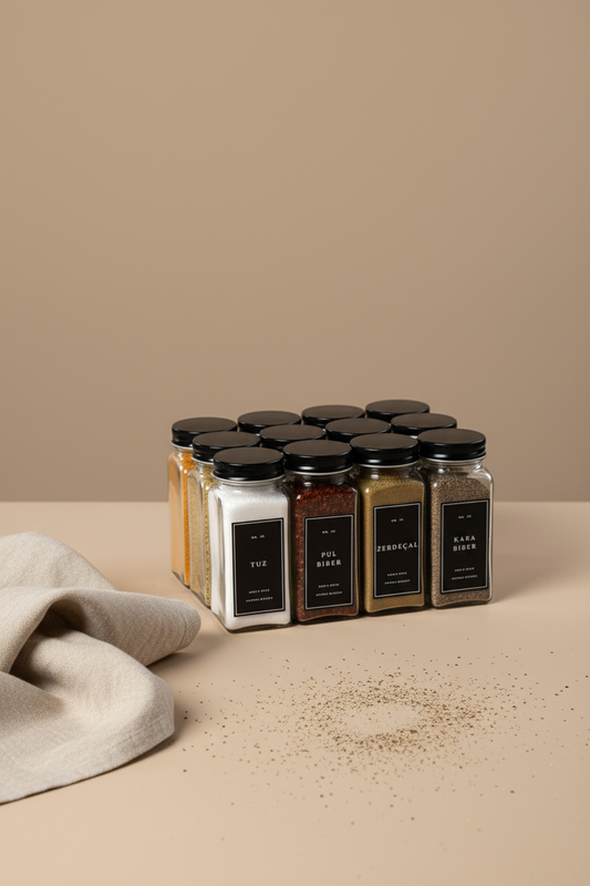 12'li Cam Baharatlık Seti | 120 ml | Siyah Kapak ve Siayah Etiketli | Minimal Tasarım