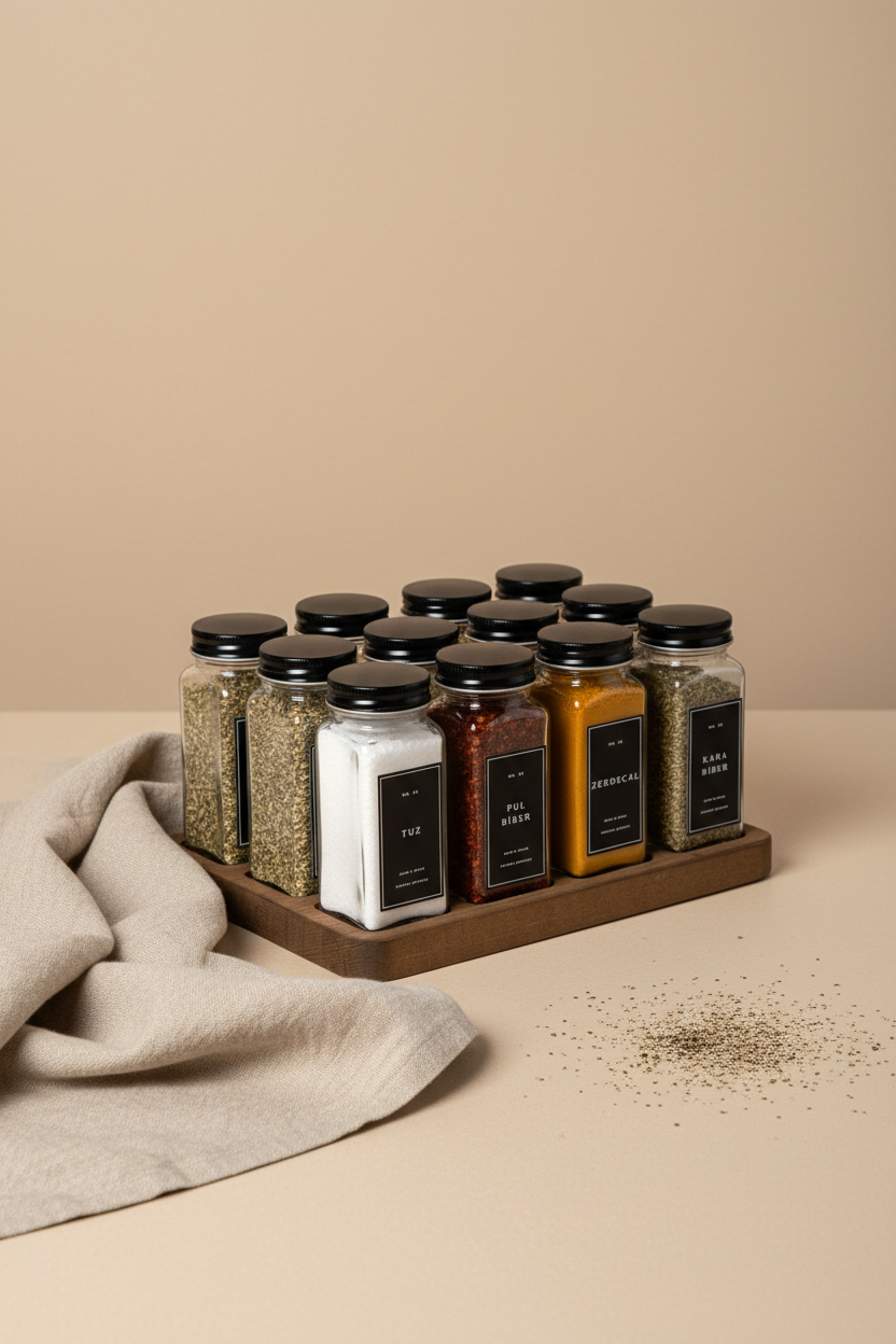 Ahşap Standlı 12'li Cam Baharatlık Seti | 120 ml | Siyah Kapak ve Siyah Etiketli | Minimal Tasarım