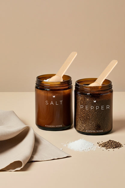 Amber Cam Tuz ve Karabiber Kavanozu Seti – Salt & Pepper Yazılı – 2'li Set / 250 ml