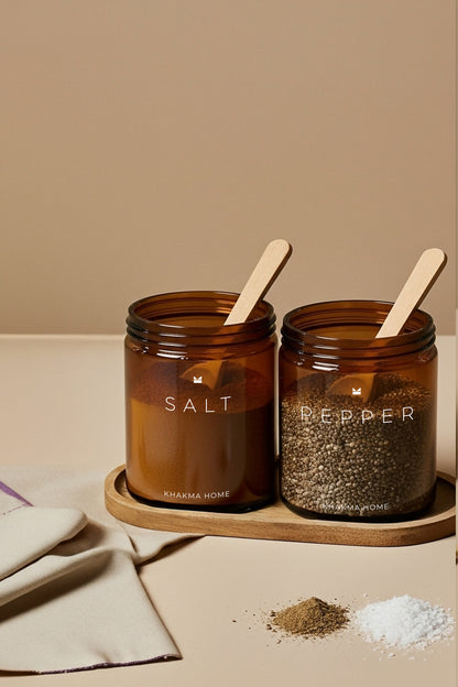 Ahşap Standlı Amber Cam Tuz ve Karabiber Kavanozu Seti – Salt & Pepper Yazılı – 2'li Set / 250 ml