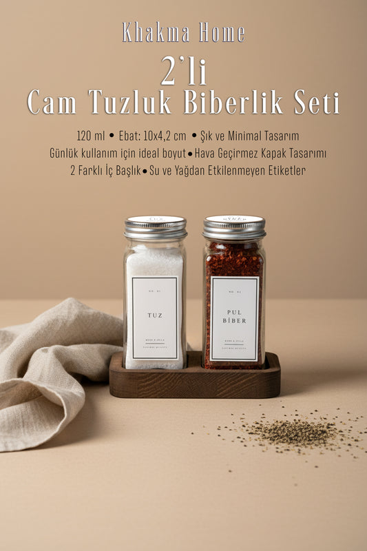 Ahşap Standlı 2'li Cam Baharatlık Seti Tuzluk Biberlik | 120 ml | Gümüş Kapak Beyaz Etiket
