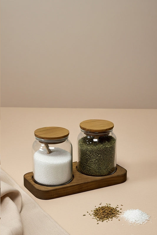 Ahşap Kapaklı Şeffaf Cam Tuz ve Karabiber Kavanozu Seti – Ahşap Standlı 2'li Set / 250 ml