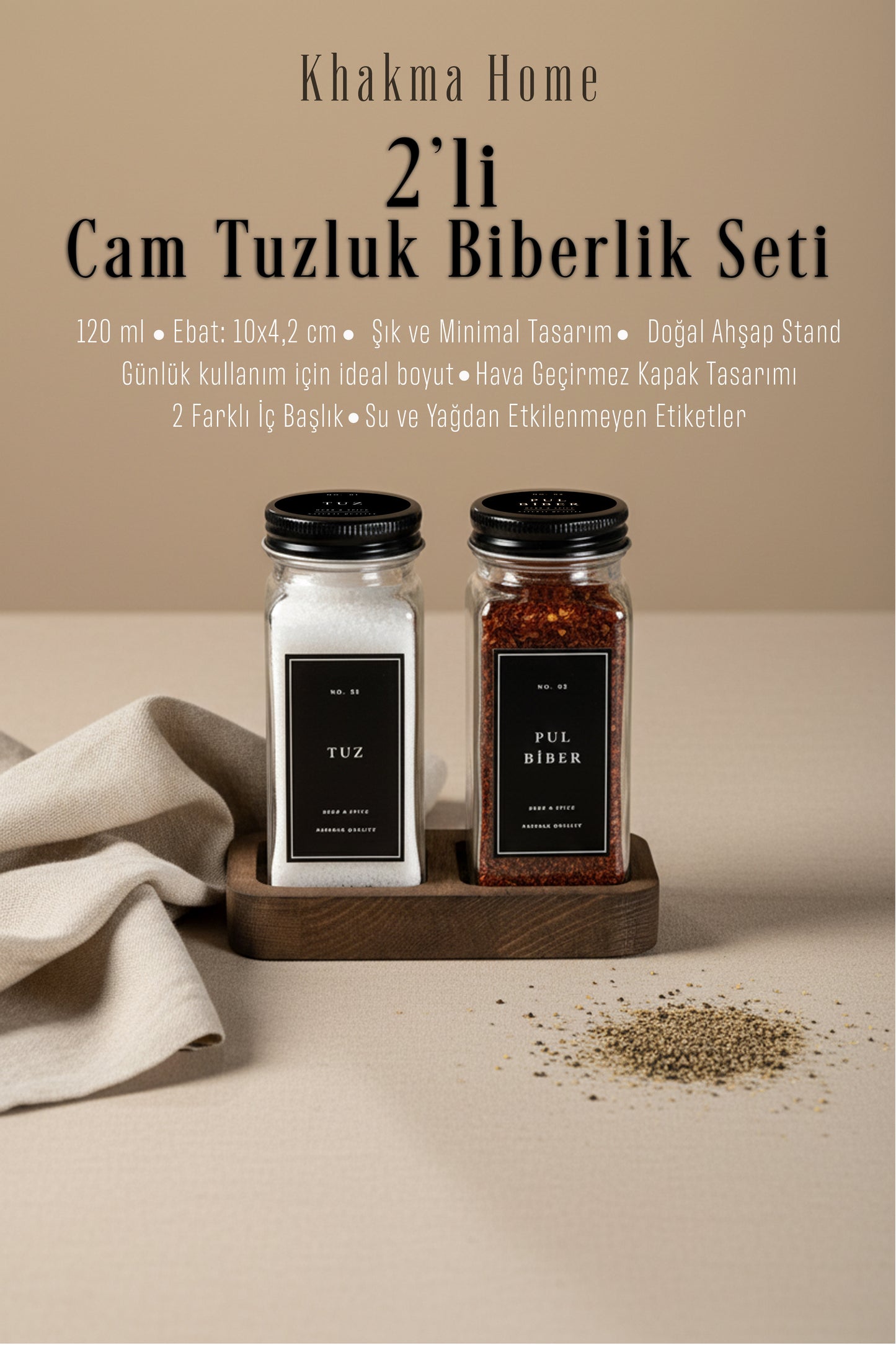 Ahşap Standlı 2'li Cam Baharatlık Seti Tuzluk Biberlik | 120 ml | Siyah Kapak ve Siyah Etiketli