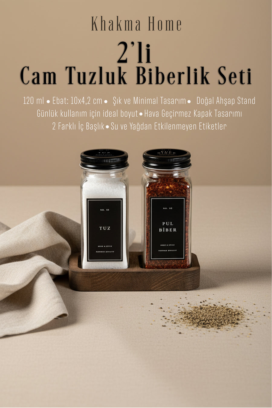 Ahşap Standlı 2'li Cam Tuzluk Biberlik Seti – 120 ml Siyah Kapaklı