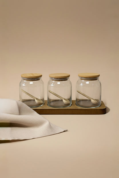 Ahşap Kapaklı 3’lü Şeffaf Cam Baharatlık Seti - Koyu Renk Ahşap Standlı - 250 ml Hacimli