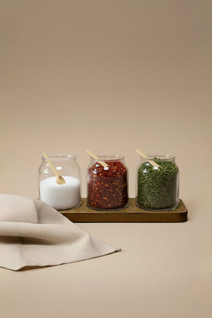 Ahşap Kapaklı 3’lü Şeffaf Cam Baharatlık Seti - Koyu Renk Ahşap Standlı - 250 ml Hacimli