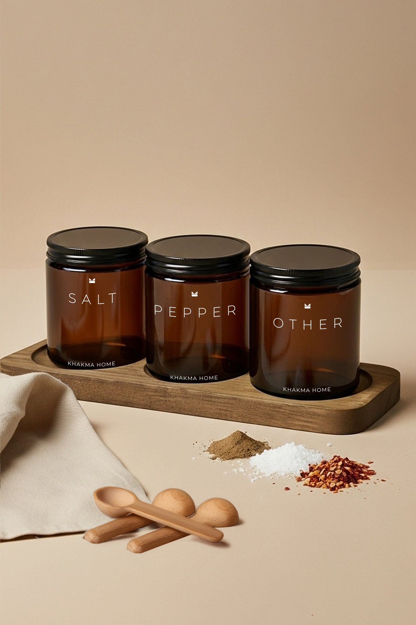 Ahşap Standlı Amber Cam Baharatlık Seti - Salt, Pepper, Other Yazılı – 3'lü Set / 250 ml
