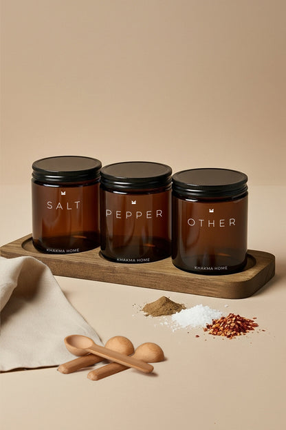 Ahşap Standlı Amber Cam Baharatlık Seti - Salt, Pepper, Other Yazılı – 3'lü Set / 250 ml