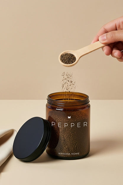 Ahşap Standlı Amber Cam Baharatlık Seti - Salt, Pepper, Other Yazılı – 3'lü Set / 250 ml