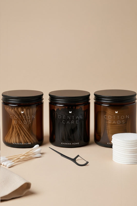 Amber Cam Banyo Organizer Seti–COTTON BUDS & PADS & DENTAL CARE Yazılı–3'lü Set/250 ml (Kopya)