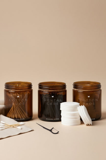 Amber Cam Banyo Organizer Seti–COTTON BUDS & PADS & DENTAL CARE Yazılı–3'lü Set/250 ml (Kopya)