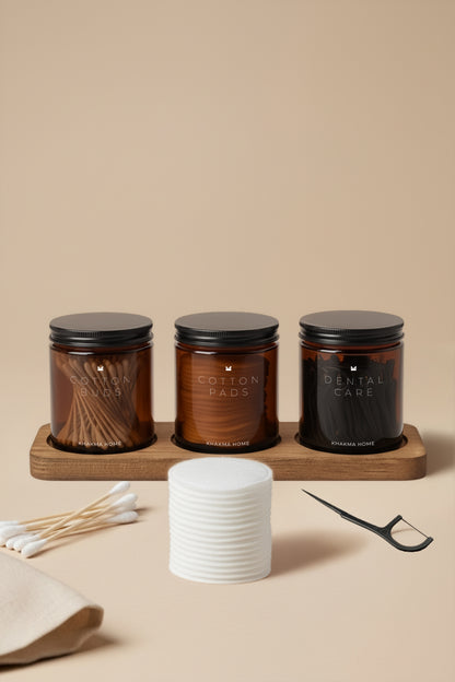 Ahşap Standlı Amber Cam Banyo Organizer Seti–COTTON BUDS & PADS & DENTAL CARE Yazılı–3'lü Set/250 ml