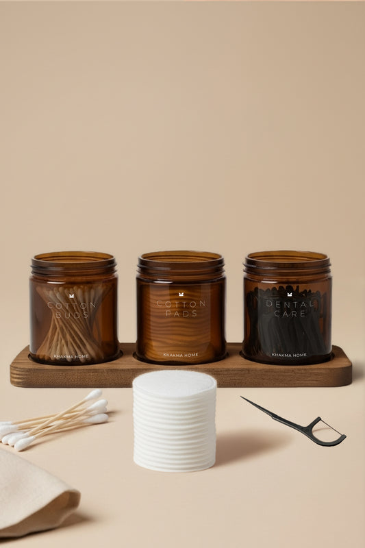 Ahşap Standlı Amber Cam Banyo Organizer Seti–COTTON BUDS & PADS & DENTAL CARE Yazılı–3'lü Set/250 ml