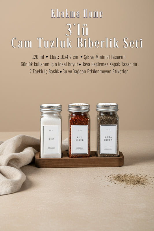 Ahşap Standlı 3'lü Cam Baharatlık Seti Tuzluk Biberlik | 120 ml | Gümüş Kapak Beyaz Etiket