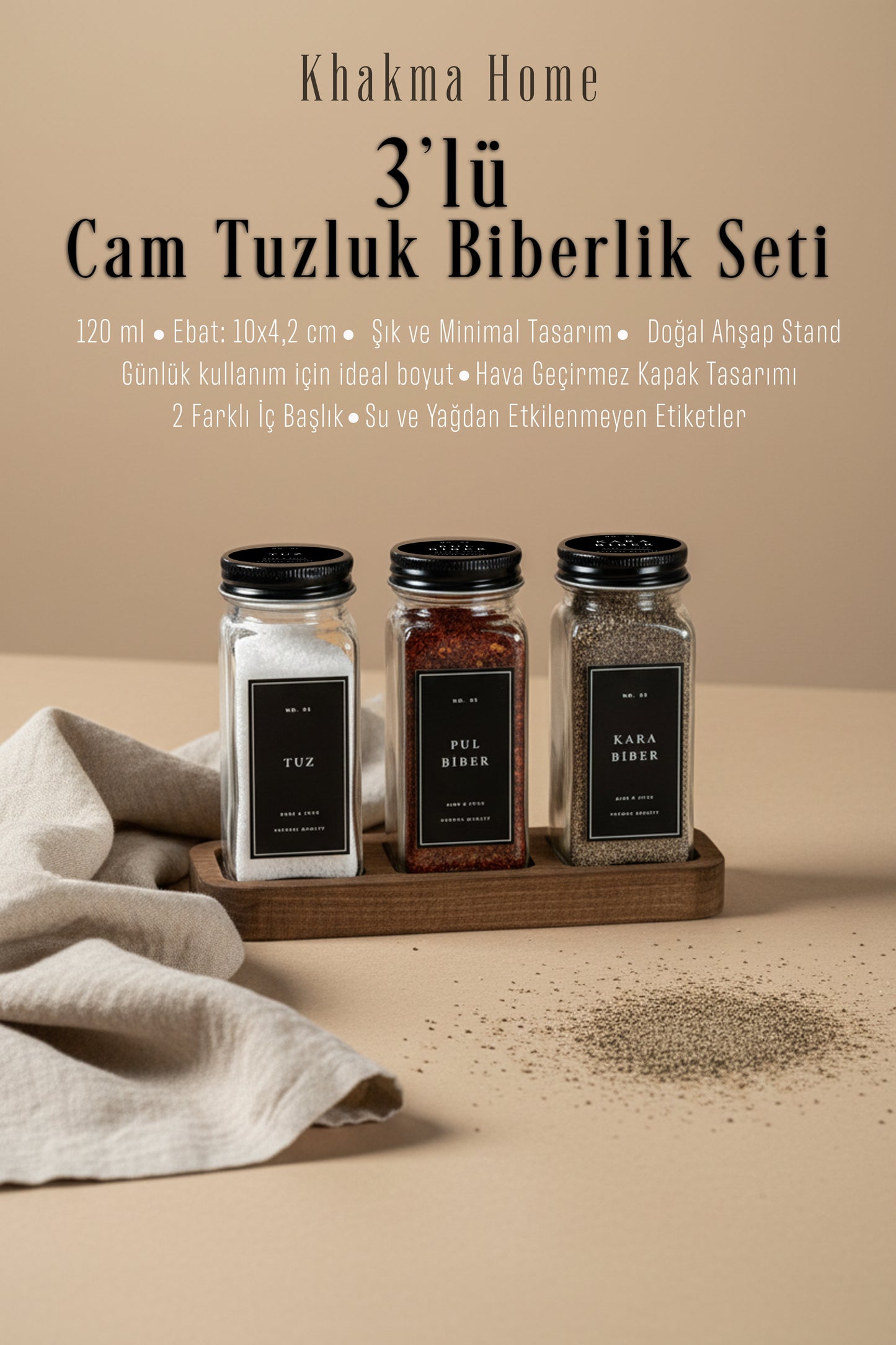 Ahşap Standlı 3'li Cam Tuzluk Biberlik Seti | 120 ml | Siyah Kapak ve Siyah Etiketli
