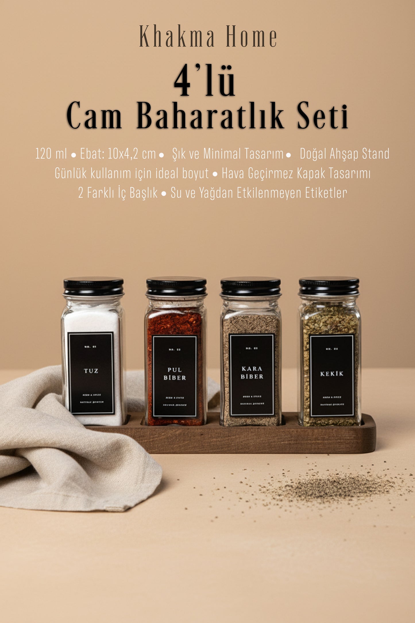 Ahşap Standlı 4'lü Cam Baharatlık Seti | 120 ml | Siyah Kapak ve Siayah Etiketli | Minimal Tasarım