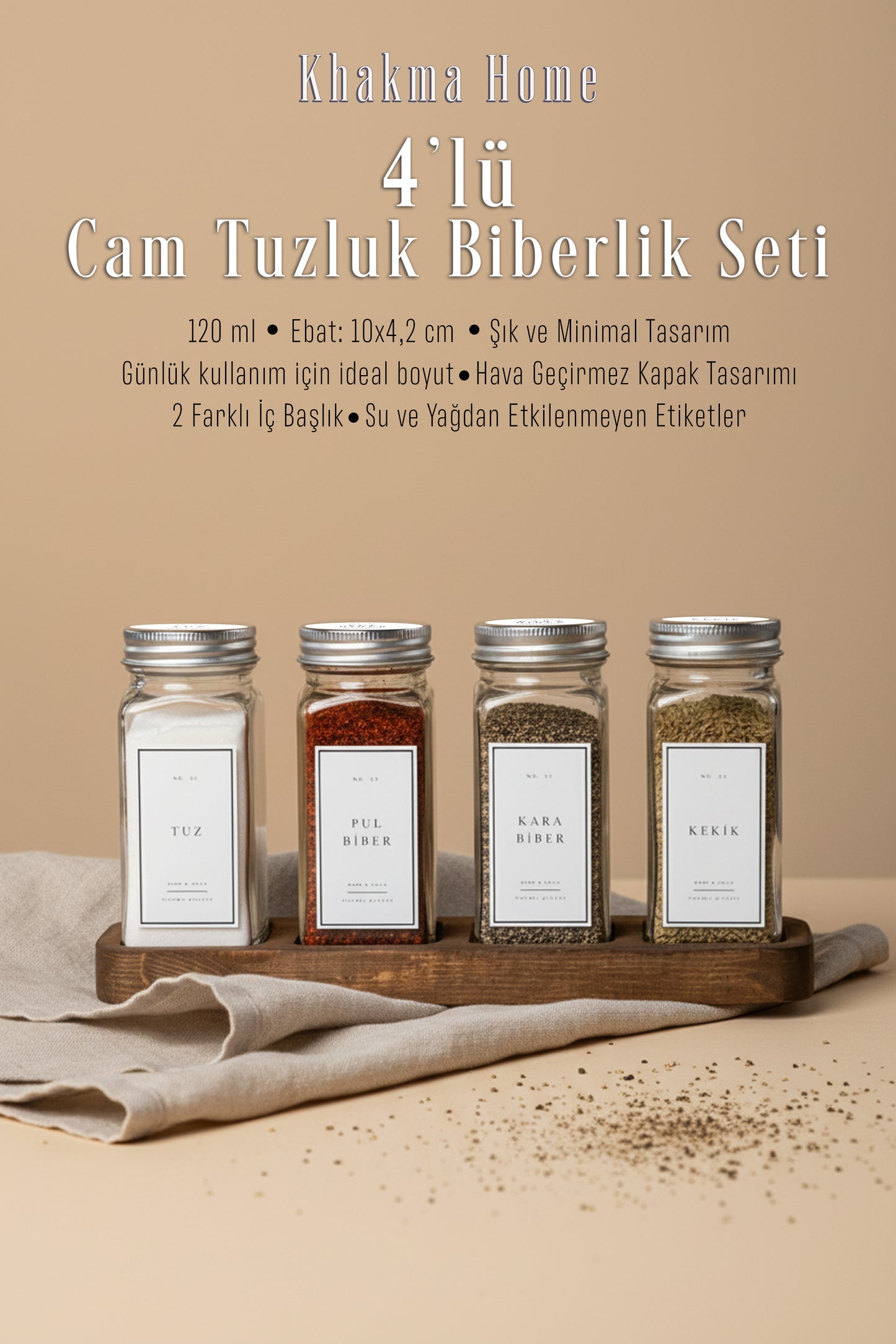 Ahşap Standlı 4'lü Cam Tuzluk Biberlik Seti | 120 ml | Gümüş Kapak Beyaz Etiket