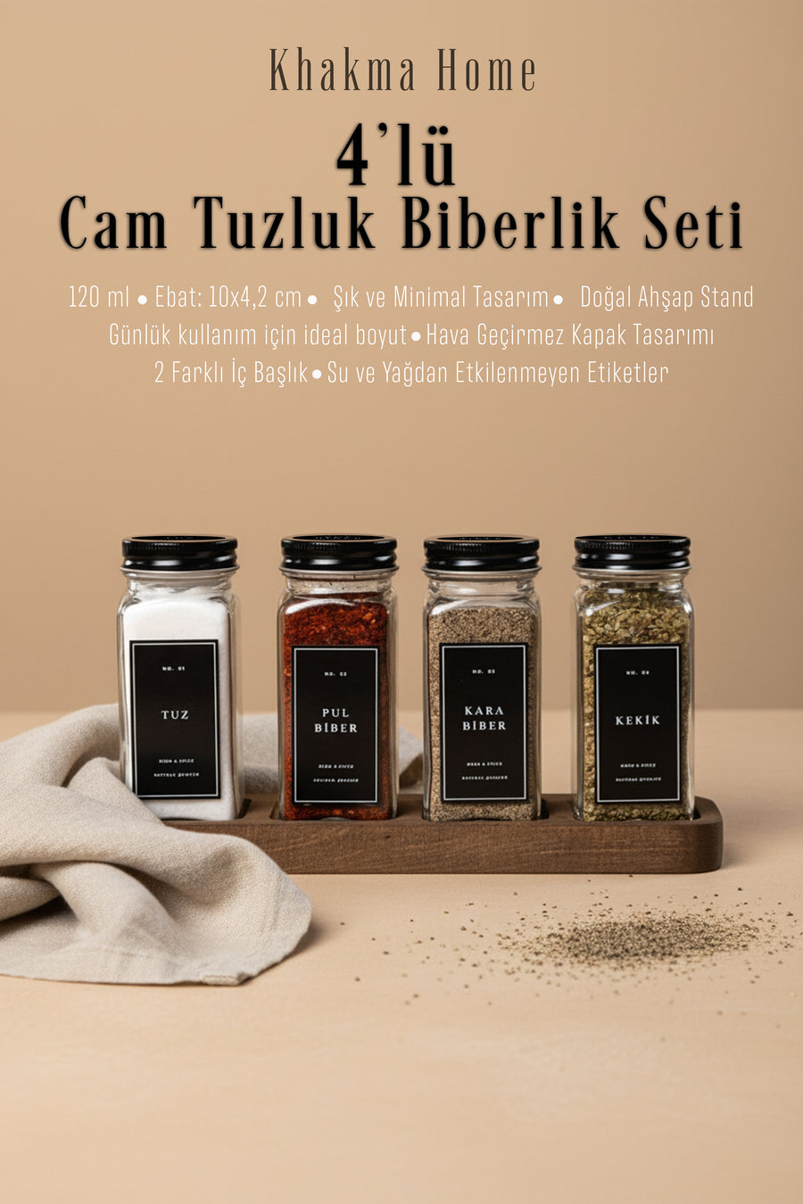 Ahşap Standlı 4'lü Cam Tuzluk Biberlik Seti – 120 ml Siyah Kapaklı