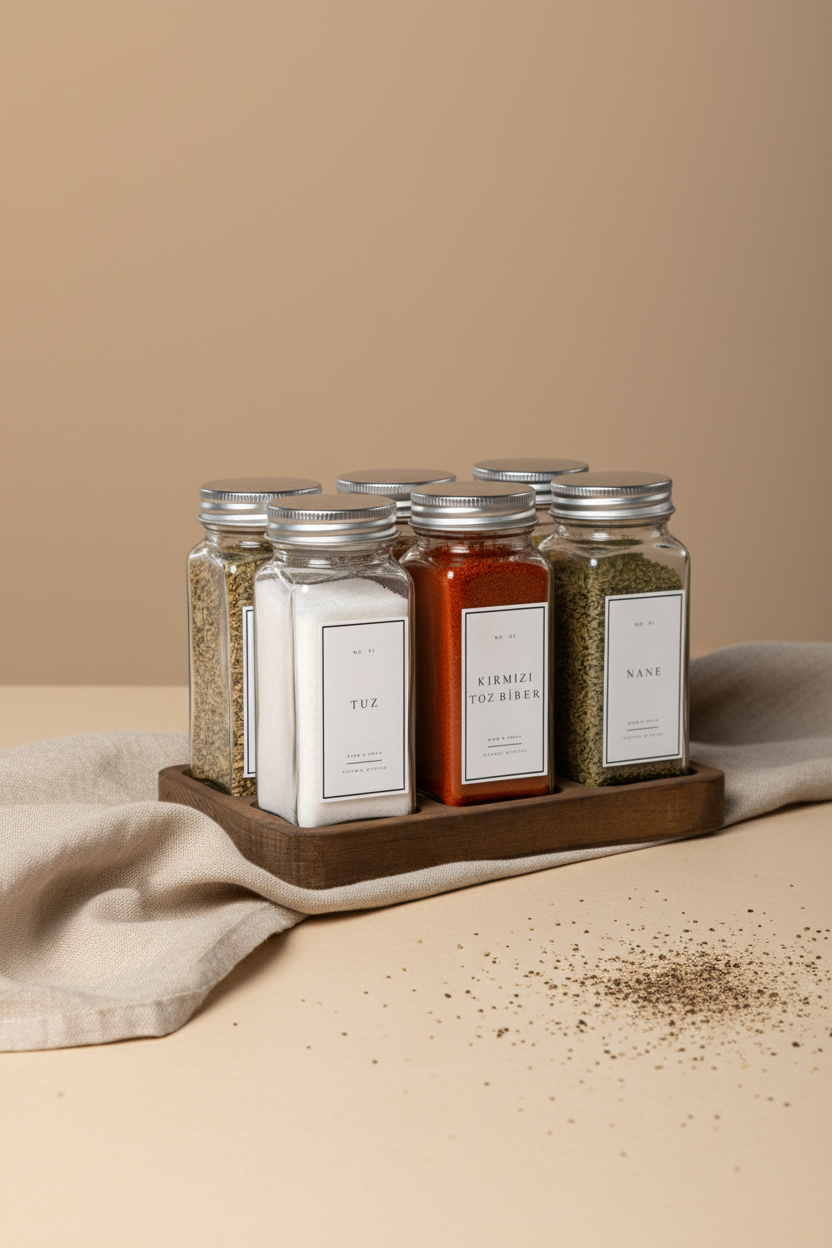 Ahşap Dörtgen Standlı 6'lı Cam Baharatlık Seti | 120 ml | Gümüş Kapak Beyaz Etiket | Minimal Tasarım