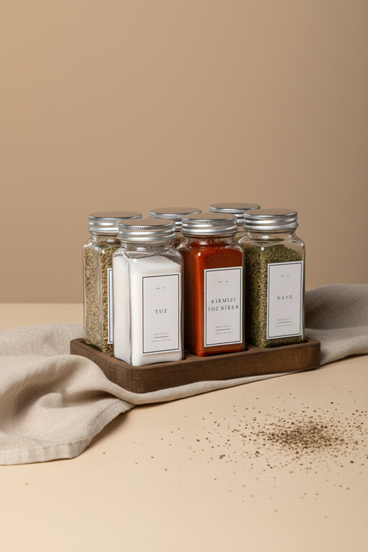 Ahşap Dörtgen Standlı 6'lı Cam Baharatlık Seti | 120 ml | Gümüş Kapak Beyaz Etiket | Minimal Tasarım