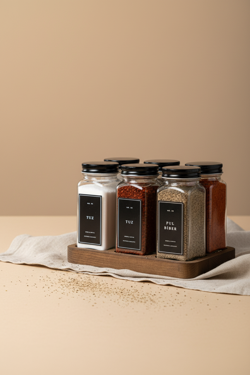 Ahşap Dörtgen Standlı 6'lı Cam Baharatlık Seti |120 ml|Siyah Kapak ve Siyah Etiketli|Minimal Tasarım
